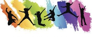 sillouette of people jumping against a rainbow background